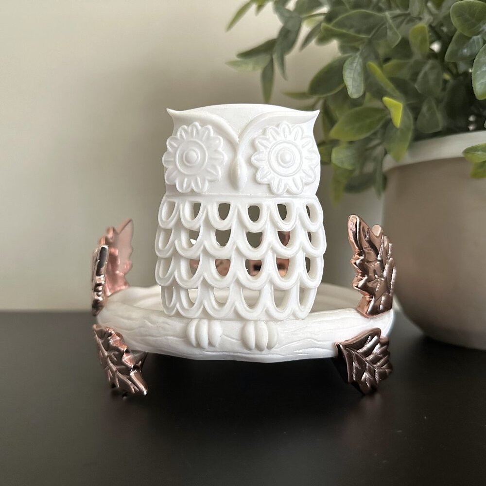 Bath & Body Works White OWL Rose Gold LEAVES 3 Wick Candle Holder Stand 2017
